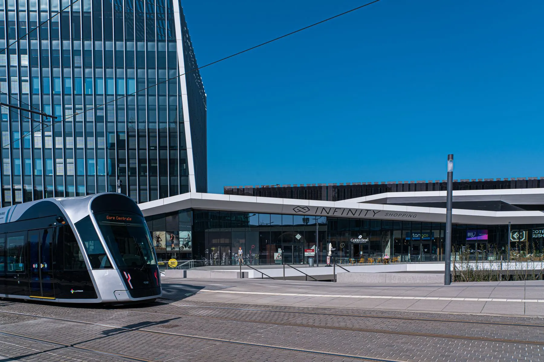 Kirchberg district in Luxembourg City with modern financial architecture and tram