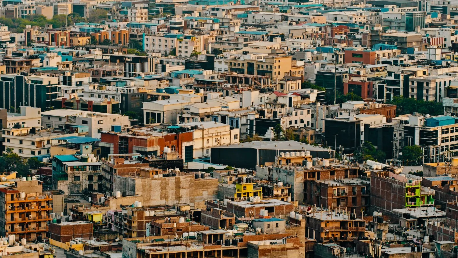 Aerial cityscape combining residential and commercial property types